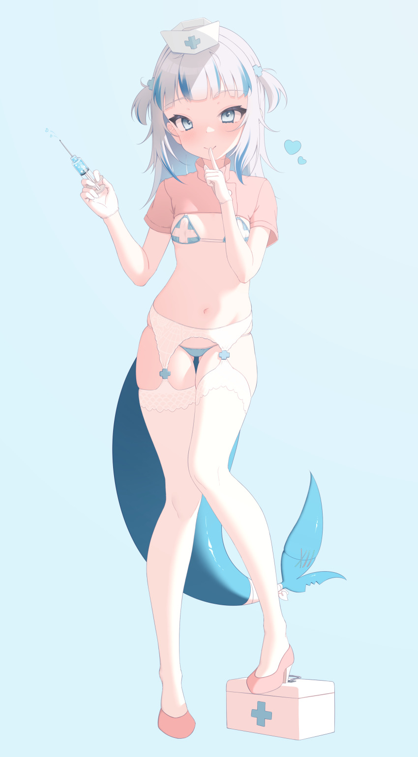 1girl, absurdres, bandages, bikini, blue_bikini, blue_eyes, blue_hair, blunt_bangs, blush, breasts, closed_mouth, fang, female_focus, finger_to_mouth, fins, first_aid_kit, fish_tail, full_body, garter_belt, gawr_gura, gloves, hair_ornament, hand_up, hat, heart, high_heels, highres, holding, holding_syringe, hololive, hololive_english, looking_at_viewer, lucasyecla99, medium_hair, multicolored_hair, navel, nurse, nurse_cap, pink_shoes, shark_girl, shark_tail, shoes, short_sleeves, short_twintails, shrug_(clothing), shushing, simple_background, skin_fang, small_breasts, solo, standing, stomach, streaked_hair, swimsuit, syringe, tail, thighhighs, twintails, two_side_up, virtual_youtuber, white_garter_belt, white_gloves, white_hair, white_thighhighs