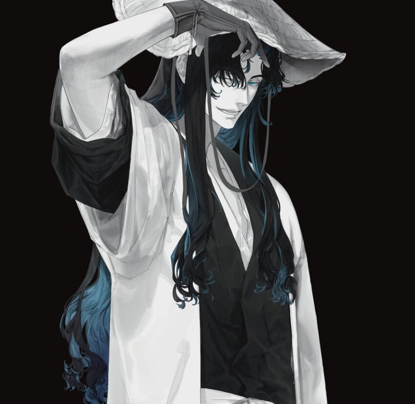 1boy, arm_up, black_hair, black_kimono, bleach, blue_eyes, blue_hair, brown_background