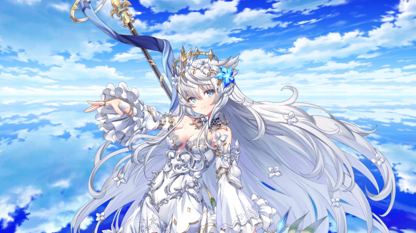 blue_eyes, breasts, cloud, dmm, dress, flower, hair_ornament, medium_breasts