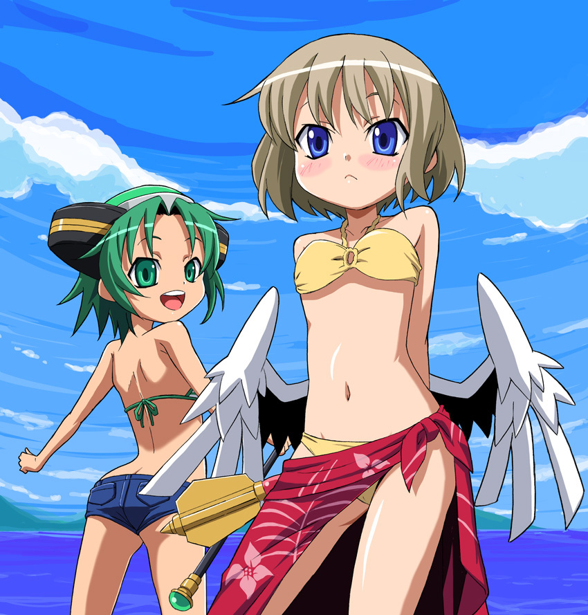 2girls, arms_behind_back, ass, bikini, blue_eyes, blush, brown_hair, butt_crack, child, chirico, cloud, day, denim, denim_shorts, green_eyes, green_hair, hyourin_no_mahiro, low_wings, multiple_girls, nanjouin_kiriko, navel, open_mouth, sarong, shinrabanshou, short_hair, short_shorts, shorts, sky, sunson, swimsuit, wings, yellow_bikini