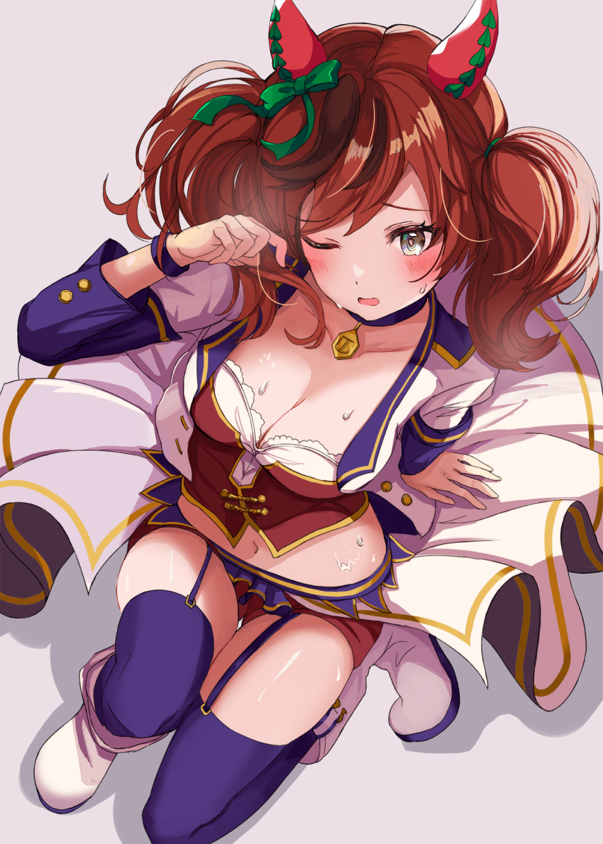 1girl, ;d, animal_ears, blush, breasts, brown_hair, choker, cleavage