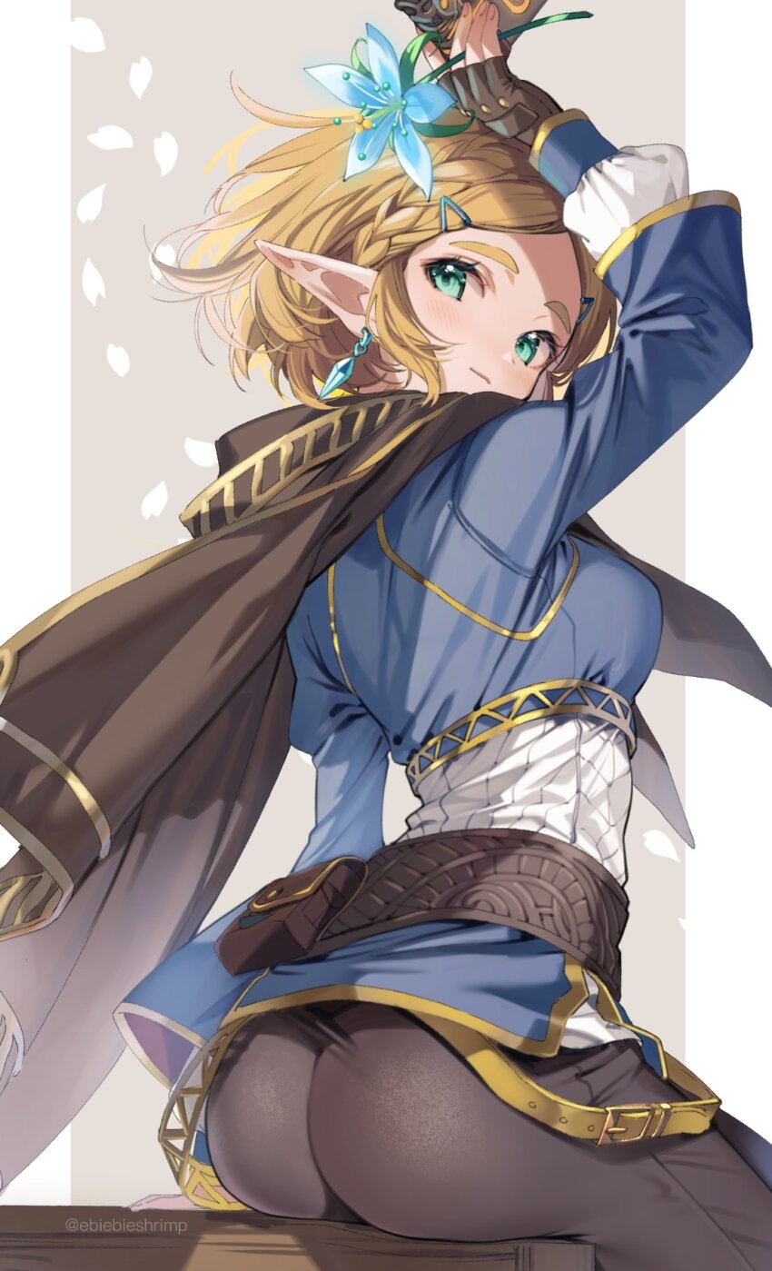 1girl, anniversary, aqua_eyes, arm_up, ass, belt, belt_pouch, black_gloves