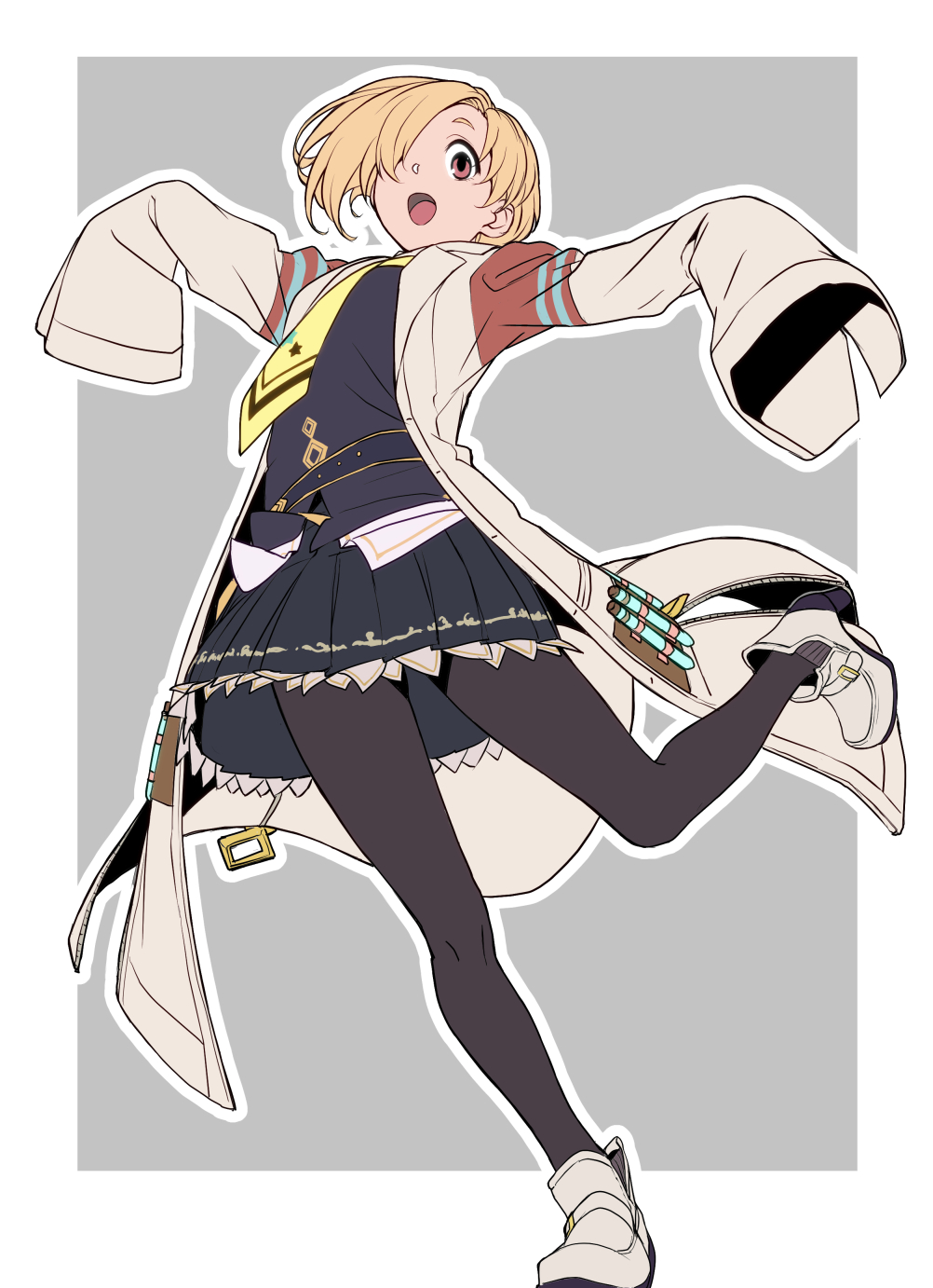 1girl, agnes_tachyon_(tach-nology)_(umamusume), agnes_tachyon_(umamusume), agnes_tachyon_(umamusume)_(cosplay), black_pantyhose, black_shirt, black_skirt, blonde_hair, boots, breasts, coat, cosplay, hair_over_one_eye, high_heels, highres, idolmaster, idolmaster_cinderella_girls, lab_coat, long_sleeves, looking_at_viewer, manhattan_cafe_(umamusume), manhattan_cafe_(umamusume)_(cosplay), neckerchief, open_clothes, open_coat, open_mouth, orange_eyes, outline, pantyhose, shirasaka_koume, shirt, short_hair, skirt, sleeves_past_fingers, sleeves_past_wrists, small_breasts, smile, solo, standing, standing_on_one_leg, test_tube, umamusume, wakoudo, white_boots, white_outline, yellow_neckerchief