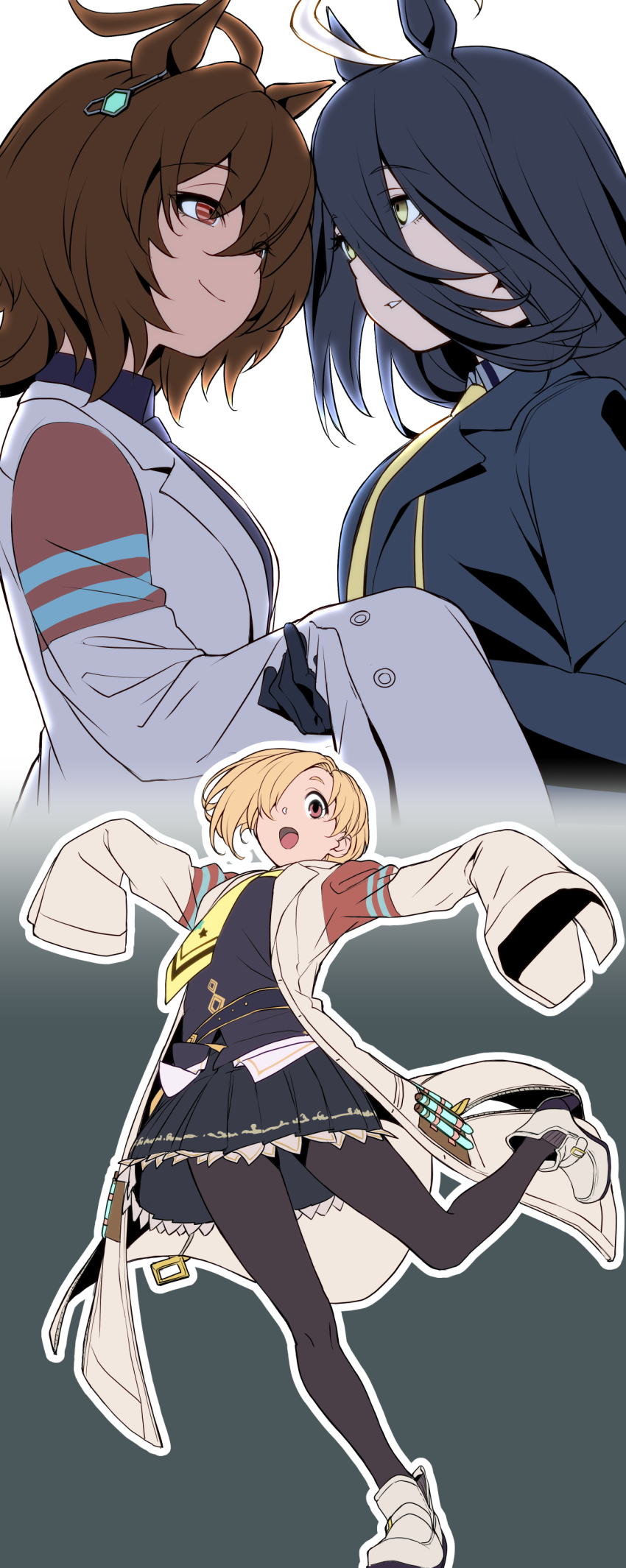 3girls, absurdres, agnes_tachyon_(tach-nology)_(umamusume), agnes_tachyon_(umamusume), agnes_tachyon_(umamusume)_(cosplay), ahoge, animal_ears, black_hair