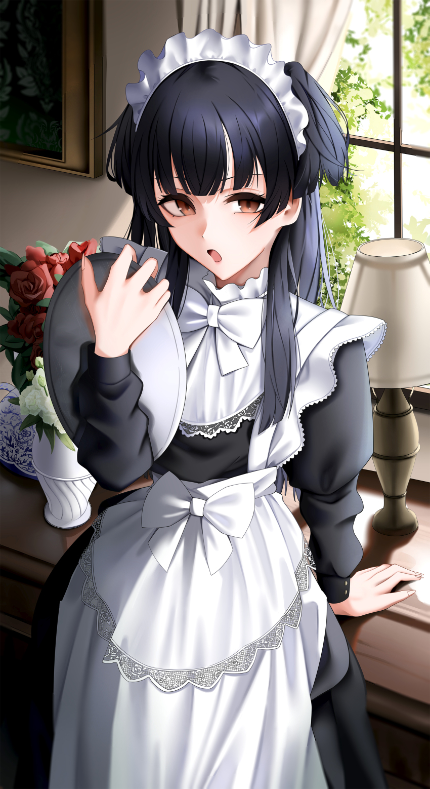 1girl, :o, absurdres, alternate_costume, apron, arm_support, black_dress, black_hair