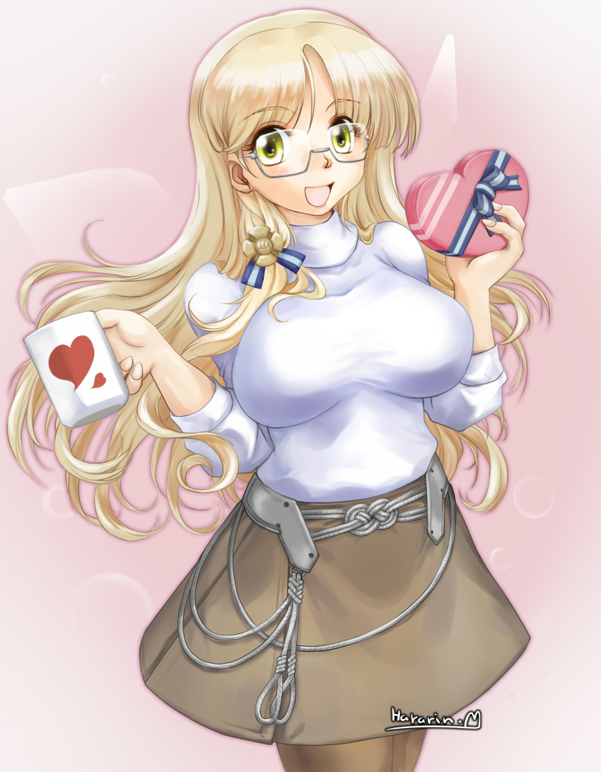 1girl, blonde_hair, blunt_bangs, box, breasts, brown_pantyhose, brown_skirt, coffee_mug