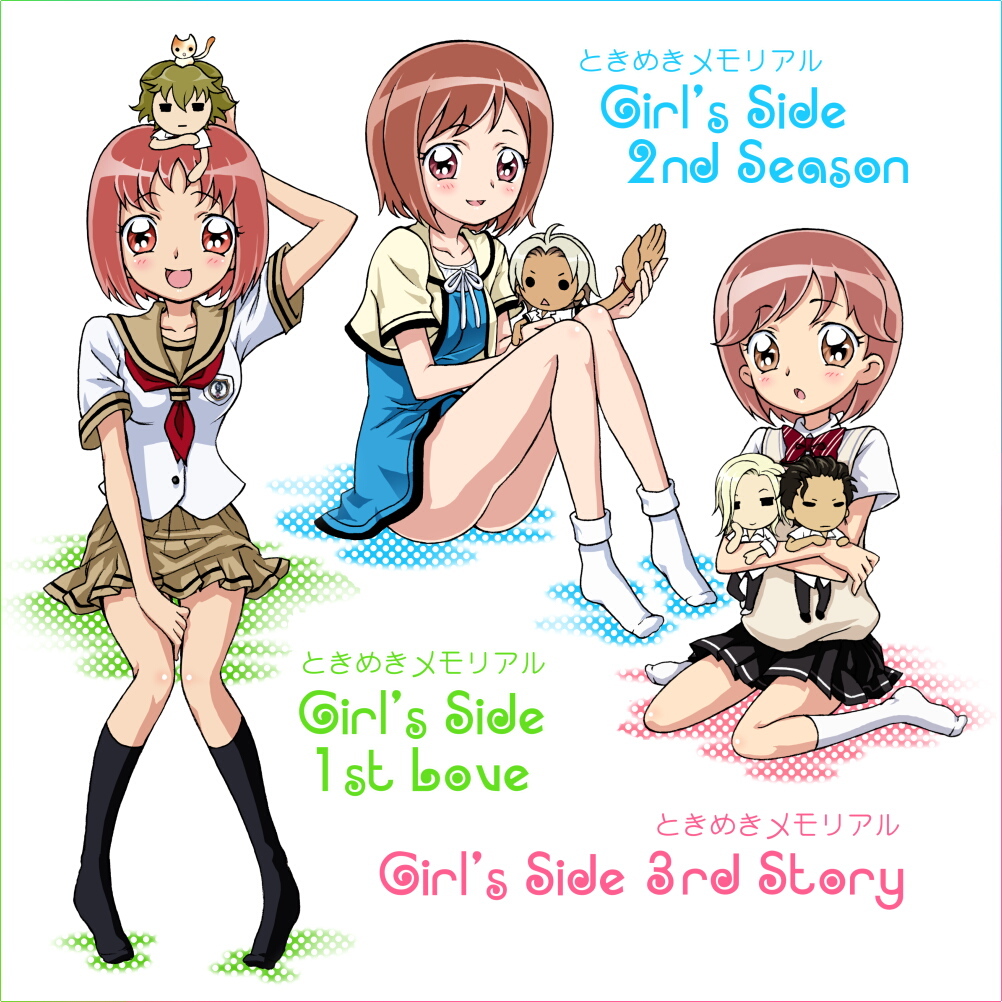 3girls, arm_behind_head, bad_id, bad_pixiv_id, blue_skirt, brown_eyes, brown_hair, cat