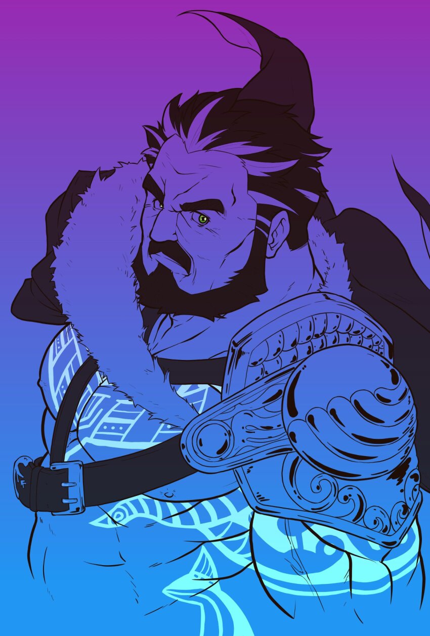 1boy, abs, armor, bara, beard, belly, blue_theme, body_markings