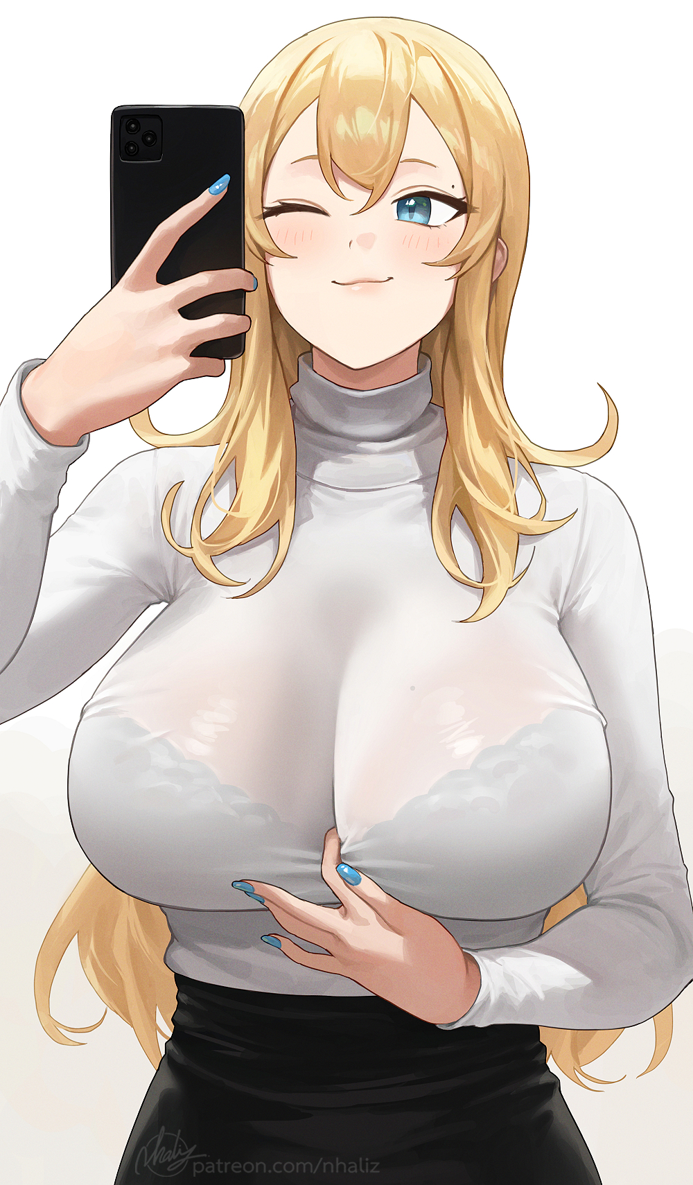 1girl, ;), artist_name, black_skirt, blonde_hair, blush, bra_visible_through_clothes, breasts, claire_lamund_(nhaliz), cleavage, finger_between_breasts, fingernails, highres, holding, holding_phone, large_breasts, long_hair, looking_at_phone, mole, mole_above_eye, mole_on_breast, nail_polish, nhaliz, one_eye_closed, original, paid_reward_available, patreon_username, phone, see-through_clothes, see-through_shirt, selfie, signature, simple_background, skirt, smile, upper_body, very_long_hair, watermark, web_address
