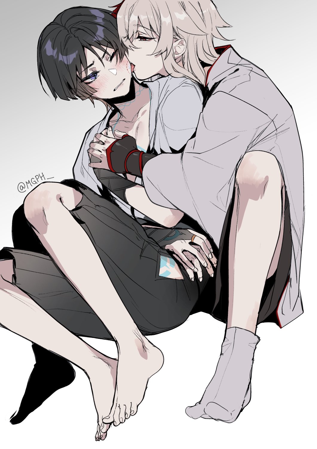 2boys, black_hair, blue_eyes, blush, clothing_request, genshin_impact, highres, hug