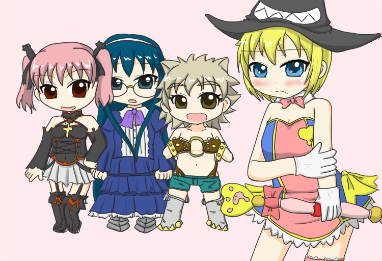 4girls, aiko_(magipoka)_(cosplay), aiko_(magipoka), arnoul, blonde_hair, blue_eyes, blue_hair, brown_eyes, cosplay, extra_ears, grey_hair, hat, ichiban_ushiro_no_daimaou, kamiyama_kanna, lily_shiraishi, liru, liru_(cosplay), multiple_girls, ootake_michie, pachira, pachira_(cosplay), pink_hair, red_eyes, renkin_san-kyuu_magical_pokaan, uma_(cosplay), witch_hat, ysk_imoge, yuuma_(magipoka)
