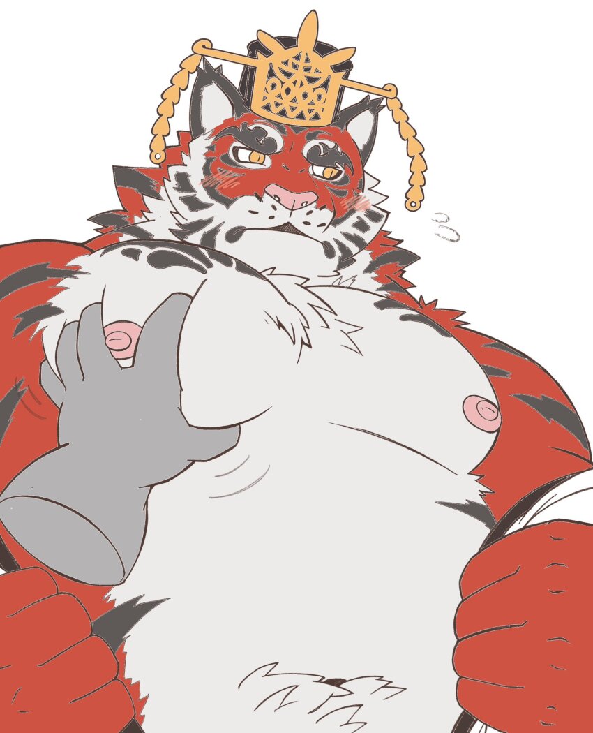 2boys, animal_ears, bara, bare_pectorals, blush, chest_hair, chinese_clothes, completely_nude, crave_saga, derivative_work, disembodied_hand, fat, fat_man, flat_color, flying_sweatdrops, furry, furry_male, groping, guan_hat, highres, large_pectorals, looking_away, male_focus, mature_male, mian_guan, morino_(morino8484), motion_lines, multiple_boys, muscular, muscular_male, navel, navel_hair, nipples, nude, orange_fur, pectoral_grab, pectorals, pov, shy, solo_focus, stomach, thick_eyebrows, tiger_boy, tiger_ears, two-tone_fur, undressing, yaoi, yata_no_kagami_(crave_saga)
