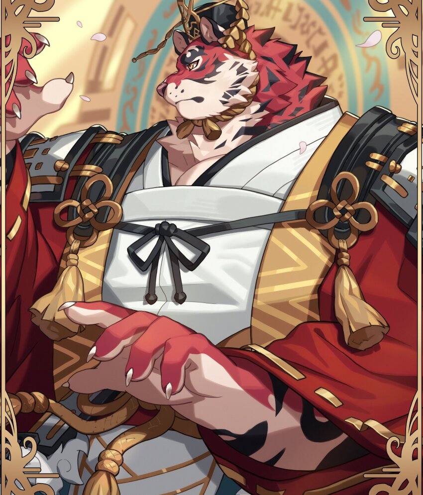 1boy, absurdres, animal_ears, bara, chinese_clothes, cowboy_shot, crave_saga, fingernails