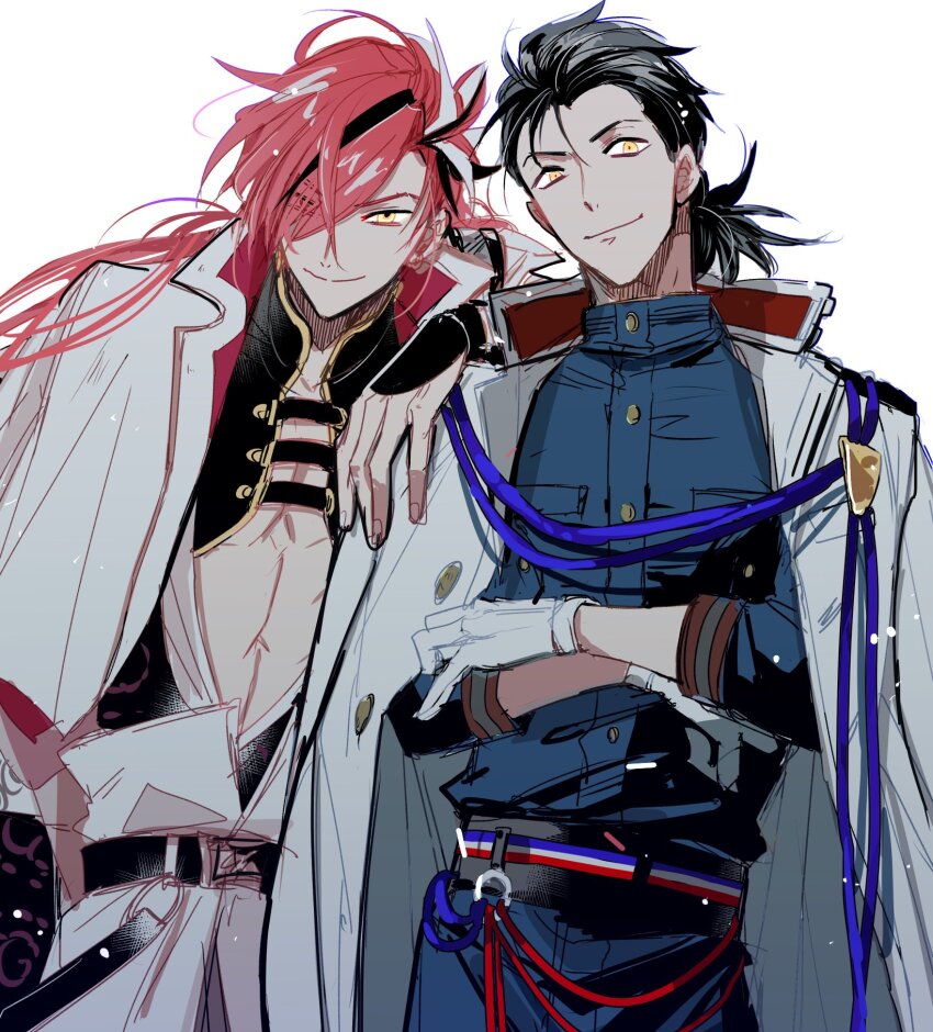 2boys, arm_on_another's_shoulder, backlighting, belt, black_belt, black_hair, black_kimono, blue_jacket