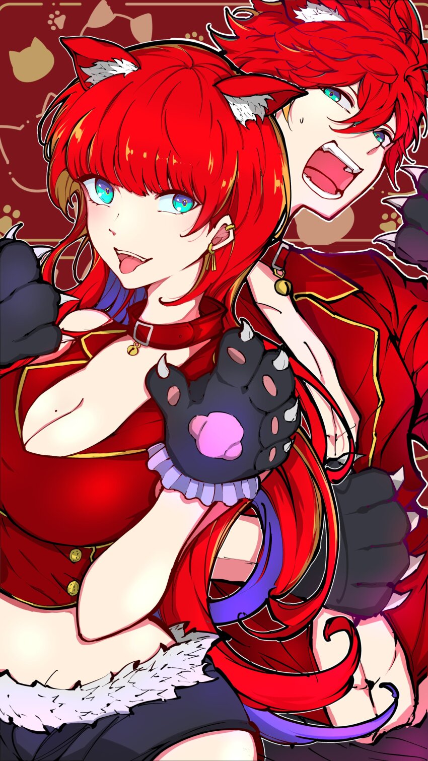 1boy, 1girl, :p, abs, absurdres, animal_ears, animal_hands, aqua_eyes