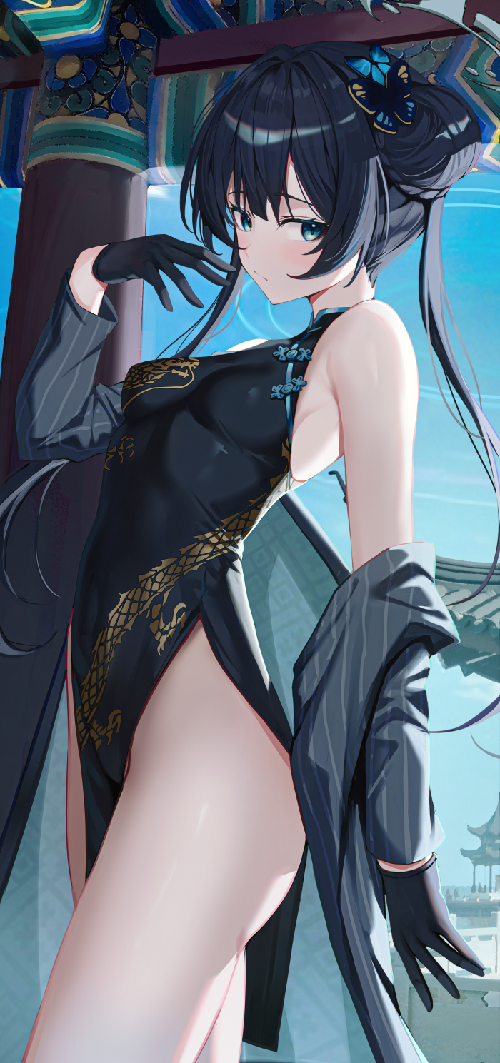 1girl, bare_shoulders, black_dress, black_gloves, black_hair, blue_archive, blue_eyes, braid