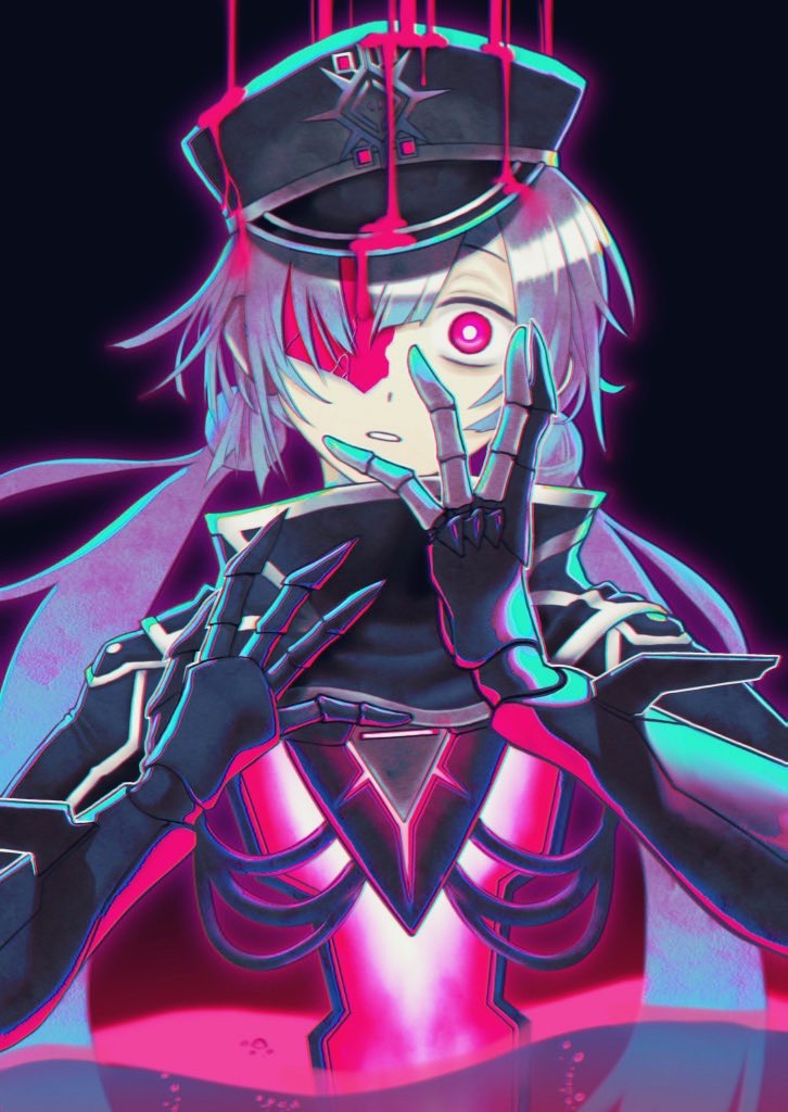 1girl, android, bisected, blood, comic, commentary, constricted_pupils, doll_joints, duel_monster, glowing, grey_hair, hair_over_one_eye, hands_up, hat, joints, liquid, long_hair, parted_lips, pink_eyes, scarf, sky_striker_ace_-_roze, sky_striker_ace_-_zeke, solo, twintails, wire, yu-gi-oh!, zidai_okuraven