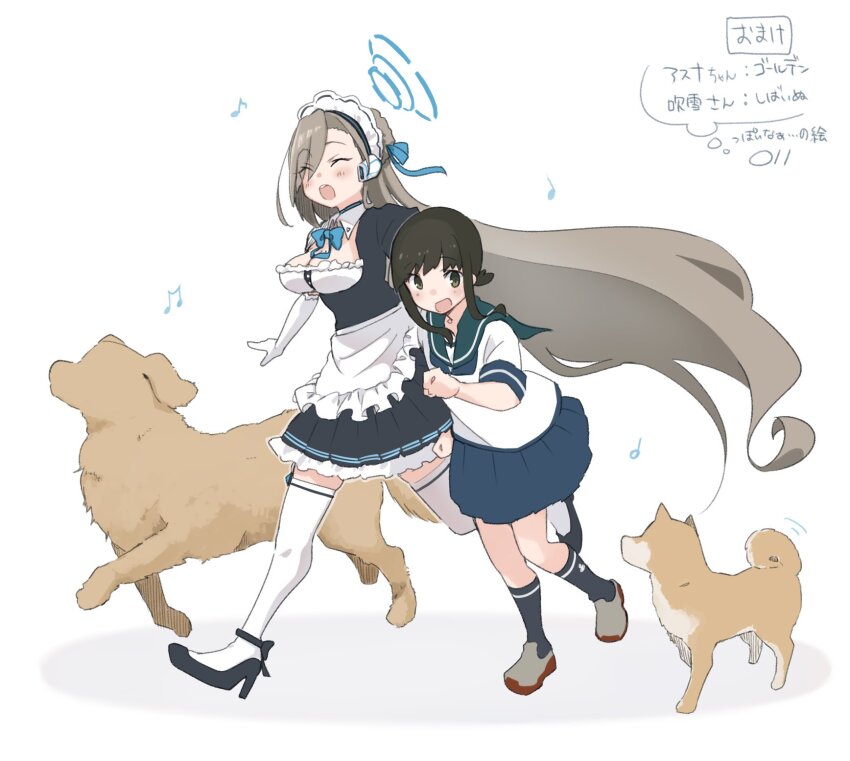 2girls, apron, asuna_(blue_archive), black_hair, black_socks, blue_archive, blue_ribbon, blue_sailor_collar