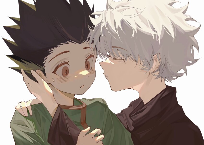 2boys, black_hair, closed_eyes, commentary, facing_another, feitian5575, gon_freecss, green_shirt, hand_on_another's_head, hand_on_another's_shoulder, highres, hunter_x_hunter, imminent_kiss, killua_zoldyck, long_sleeves, male_focus, messy_hair, multiple_boys, nervous, shirt, shota, simple_background, spiked_hair, untranslatable_commentary, white_background, white_hair, yaoi