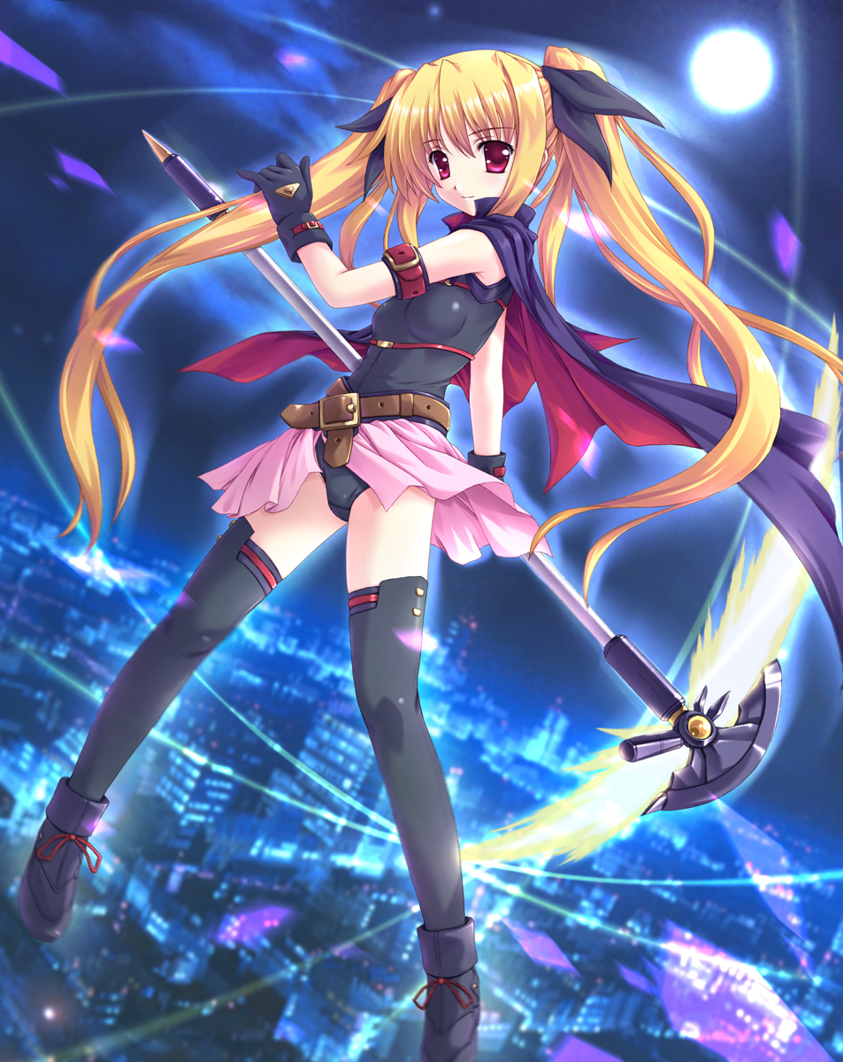 10s, 1girl, bardiche_(nanoha), bardiche_(scythe_form)_(nanoha), blonde_hair, city, fate_testarossa, fate_testarossa_(movie_1st_form)