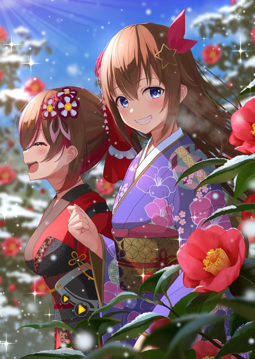 2girls, absurdres, blue_eyes, blurry, blurry_background, breasts, brown_hair, closed_eyes
