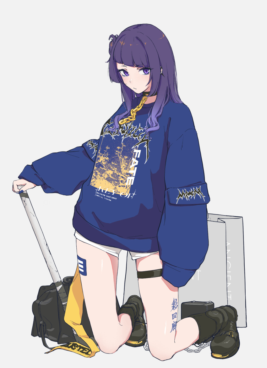 1girl, bag, black_boots, black_choker, blue_sweater, boots, chain, choker