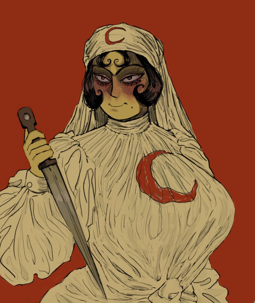 1girl, absurdres, black_hair, breasts, crescent, curly_hair, highres, holding, holding_knife, khanjali, knife, large_breasts, long_sleeves, mole, mole_under_mouth, morfinist176926, original, red_background, simple_background, solo, upper_body