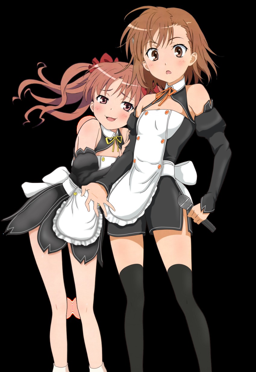 2girls, ahoge, bare_shoulders, black_thighhighs, blush, brown_eyes, brown_hair, cosplay, dream_c_club, dream_c_club_(series), highres, legs, long_hair, maid, microphone, misaka_mikoto, multiple_girls, nao_(dream_c_club), nao_(dream_c_club)_(cosplay), setsu_(dream_c_club), setsu_(dream_c_club)_(cosplay), shirai_kuroko, short_hair, thighhighs, third-party_edit, third-party_extraction, toaru_kagaku_no_railgun, toaru_majutsu_no_index, transparent_background, twintails, waitress, zettai_ryouiki
