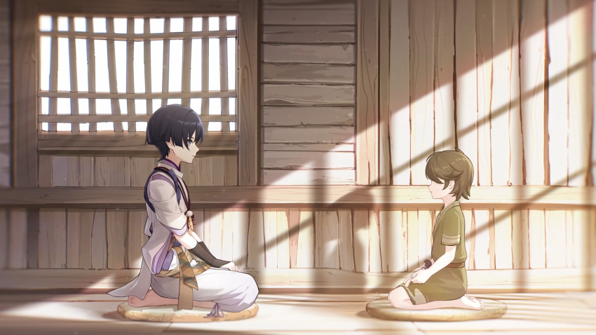 2boys, anime_screenshot, armor, barefoot, black_hair, blunt_ends, brown_hair, character_doll