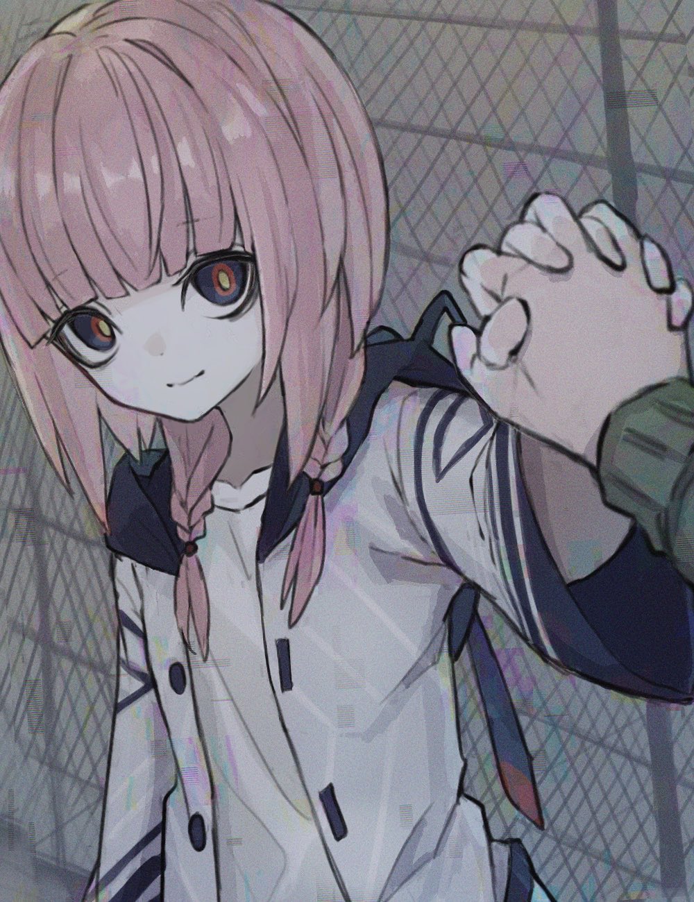 1girl, 1other, blue_eyes, blue_jacket, blunt_bangs, braid, chain-link_fence, collarbone
