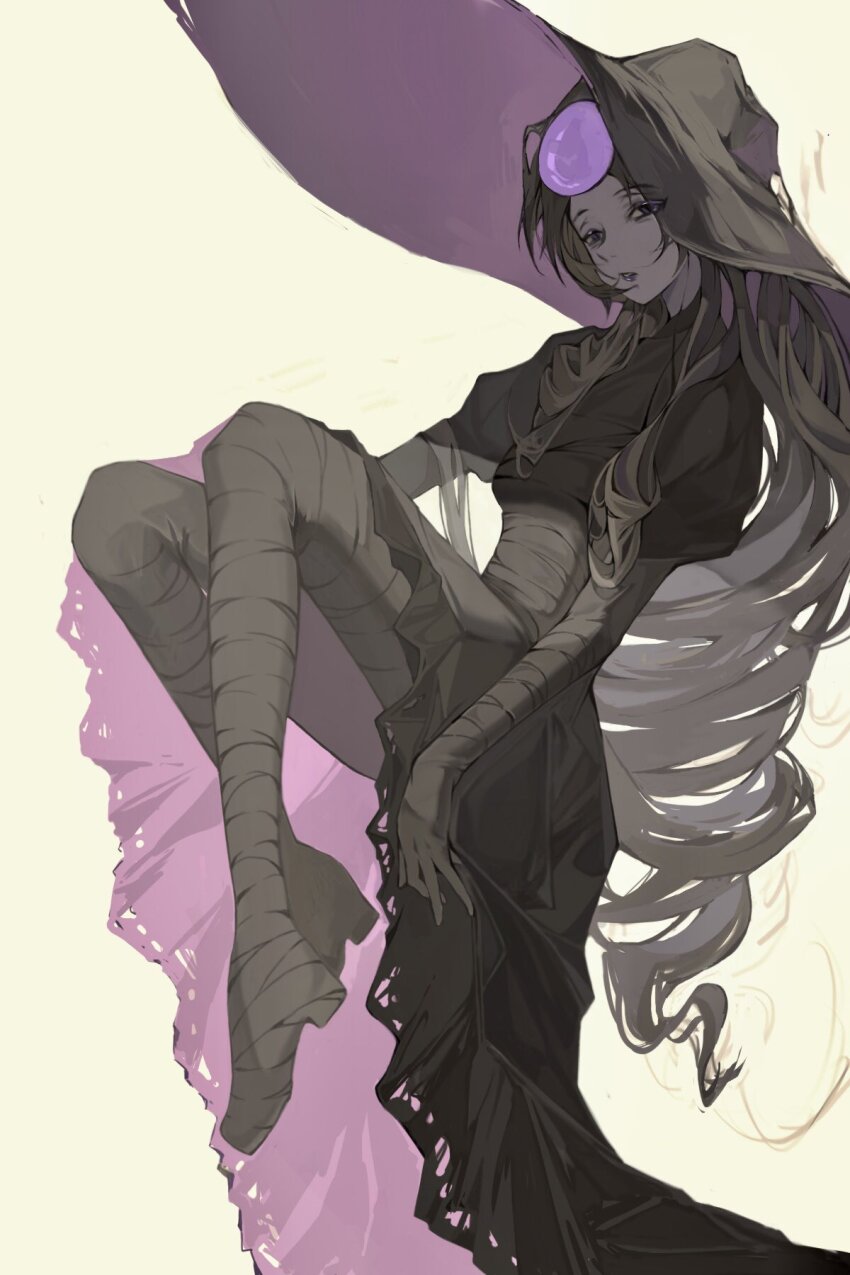 1girl, black_dress, black_hair, breasts, dress, feitian5575, floating, forehead_jewel