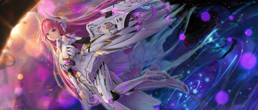 1girl, absurdres, armor, armored_boots, armored_dress, artist_name, bare_shoulders, boots