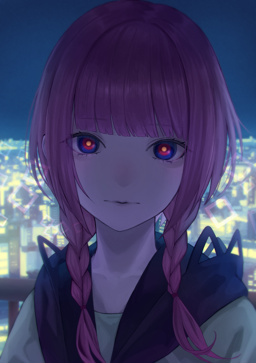 1girl, backlighting, blue_eyes, blue_jacket, blunt_bangs, blurry, blurry_background, braid