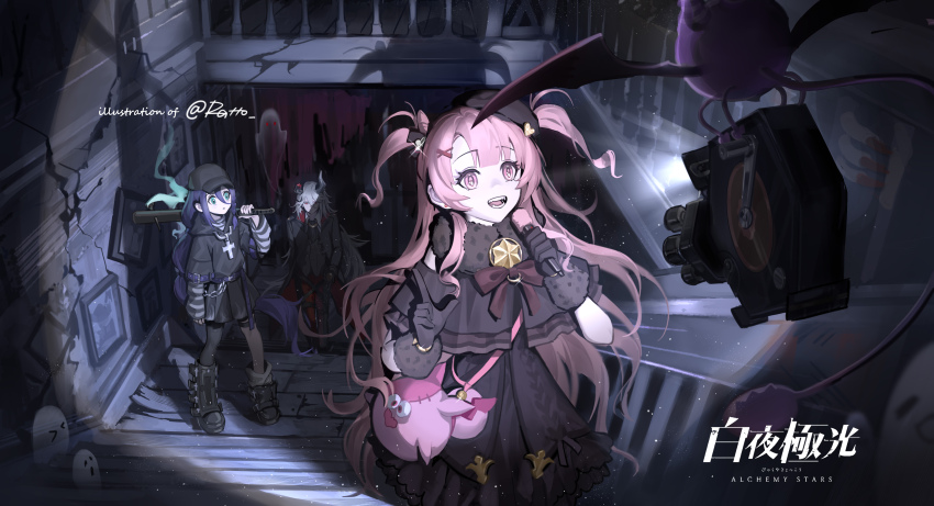 1boy, 2girls, absurdres, alchemy_stars, asamayuki_ra, bag, baseball_bat, baseball_cap