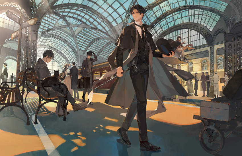 1girl, 2others, 6+boys, absurdres, adjusting_clothes, adjusting_headwear, angel, arm_up