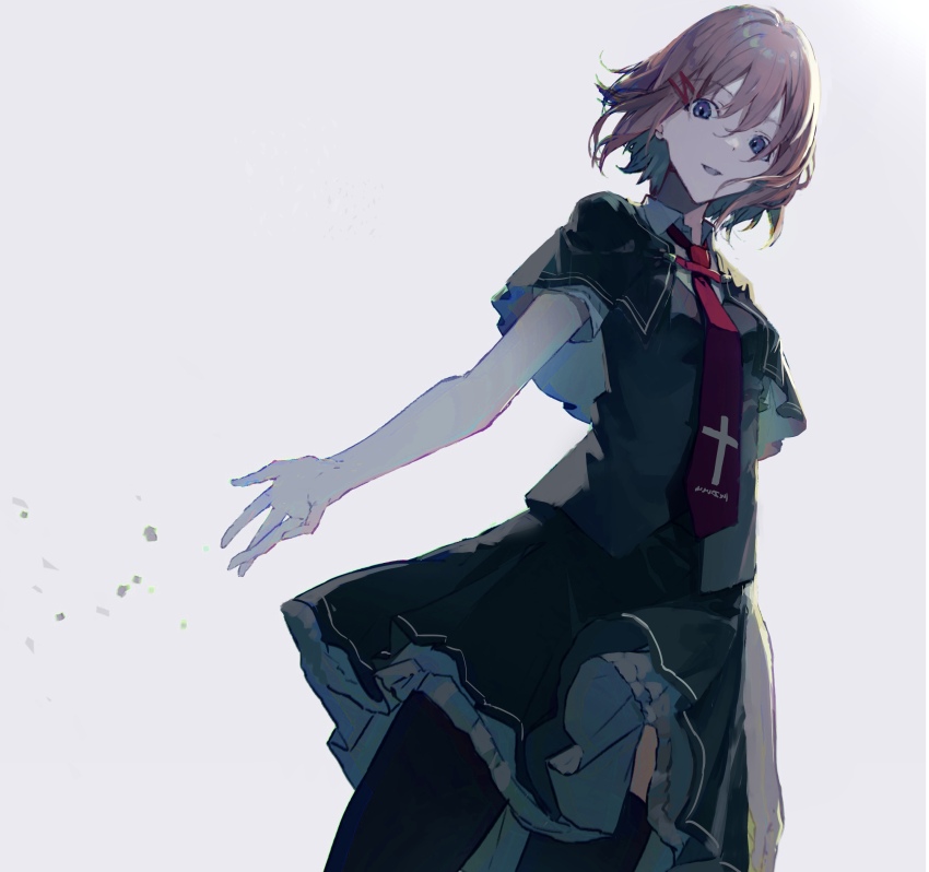 1girl, absurdres, black_capelet, black_shirt, black_skirt, black_thighhighs, blue_eyes, breasts