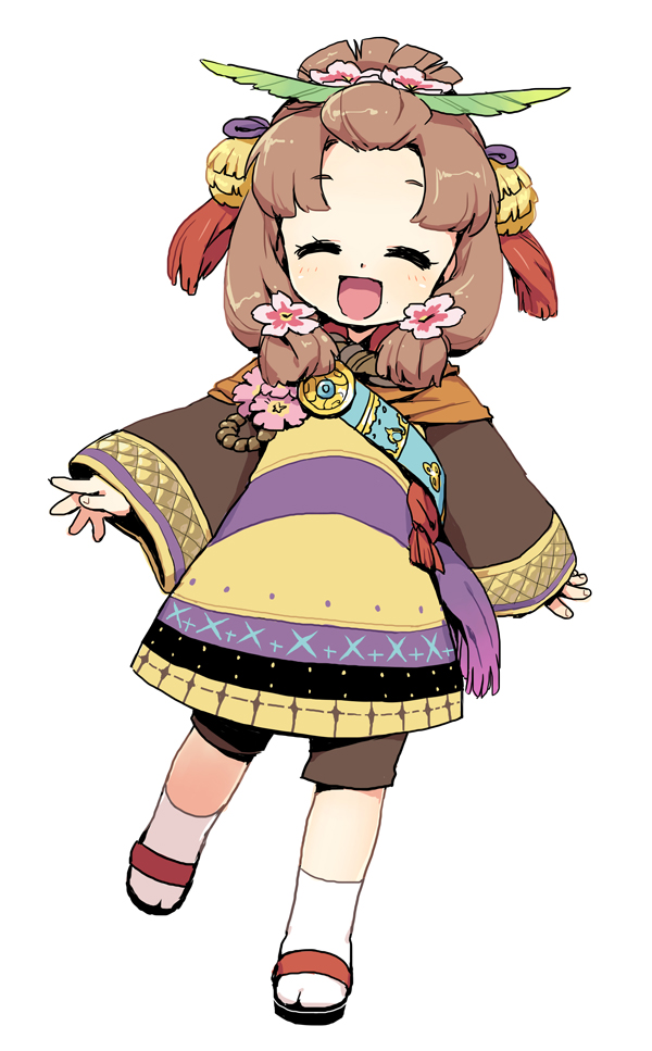 1girl, :d, brown_hair, child, closed_eyes, dress, etrian_odyssey, flower