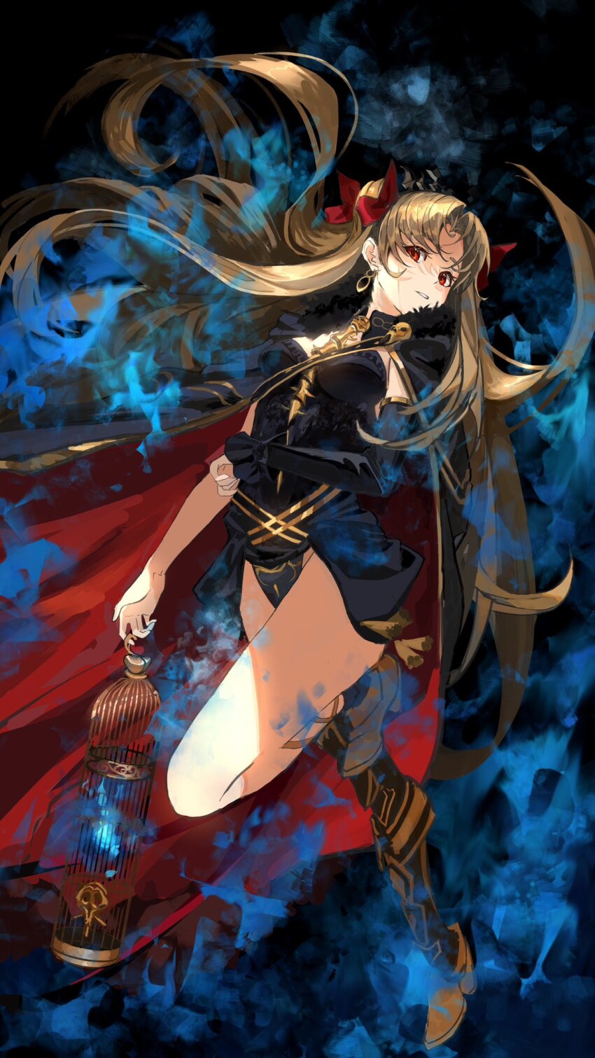1girl, birdcage, black_background, black_cape, black_dress, black_panties, blonde_hair, blue_fire