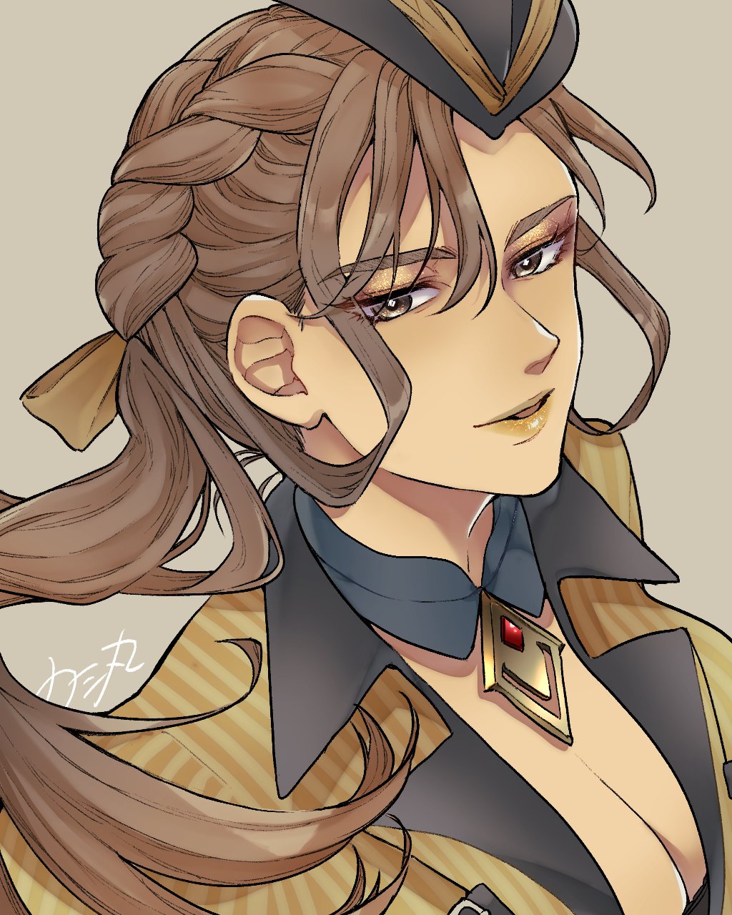 1girl, animification, apex_legends, black_hat, bow, breasts, brown_eyes, brown_eyeshadow, brown_hair, cleavage, floating_hair, garrison_cap, gold_standard_loba, grey_background, hair_behind_ear, hair_bow, hat, highres, jacket, loba_(apex_legends), long_hair, looking_at_viewer, medium_breasts, notamaru_2, official_alternate_costume, parted_lips, solo, striped_clothes, striped_jacket, vertical_stripes, yellow_bow, yellow_jacket, yellow_lips