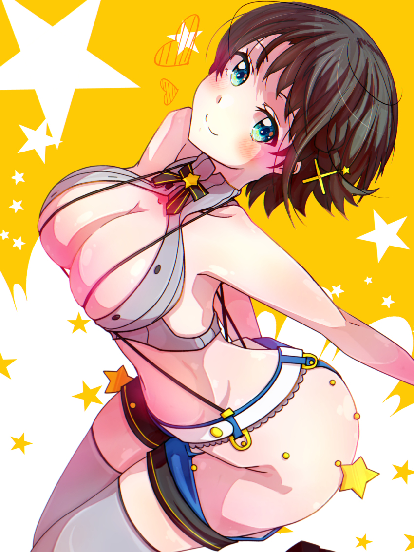 1girl, black_bow, blue_eyes, blue_shorts, blush, bow, breasts, brown_hair