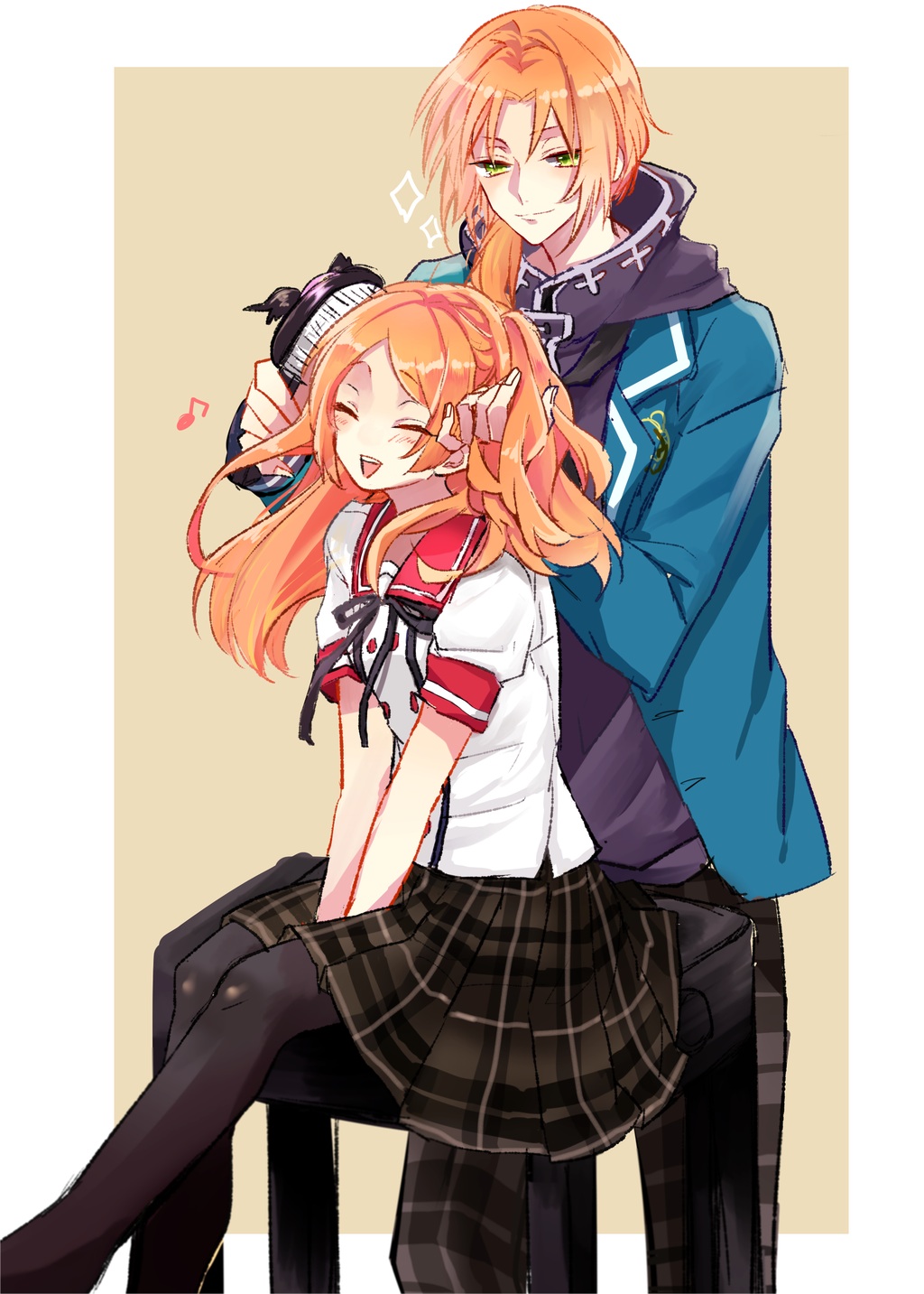 1boy, 1girl, border, brother_and_sister, brushing_another's_hair, brushing_hair, closed_eyes, ensemble_girls!