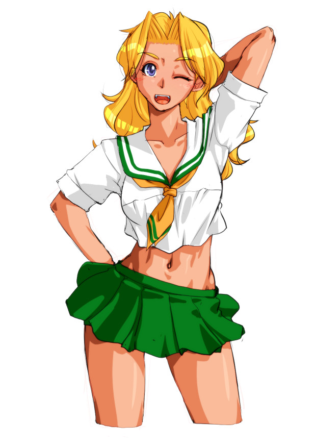 1girl, arm_behind_head, arm_up, blonde_hair, blue_eyes, cindy_sakurai, cropped_legs, graduation_(series), green_skirt, hand_on_own_hip, long_hair, looking_at_viewer, navel, neckerchief, one_eye_closed, open_mouth, qkat_(arikawa-dou), school_uniform, serafuku, shirt, simple_background, skirt, solo, sotsugyou_graduation, sotsugyou_next_graduation, teeth, upper_teeth_only, white_background, white_shirt, yellow_neckerchief