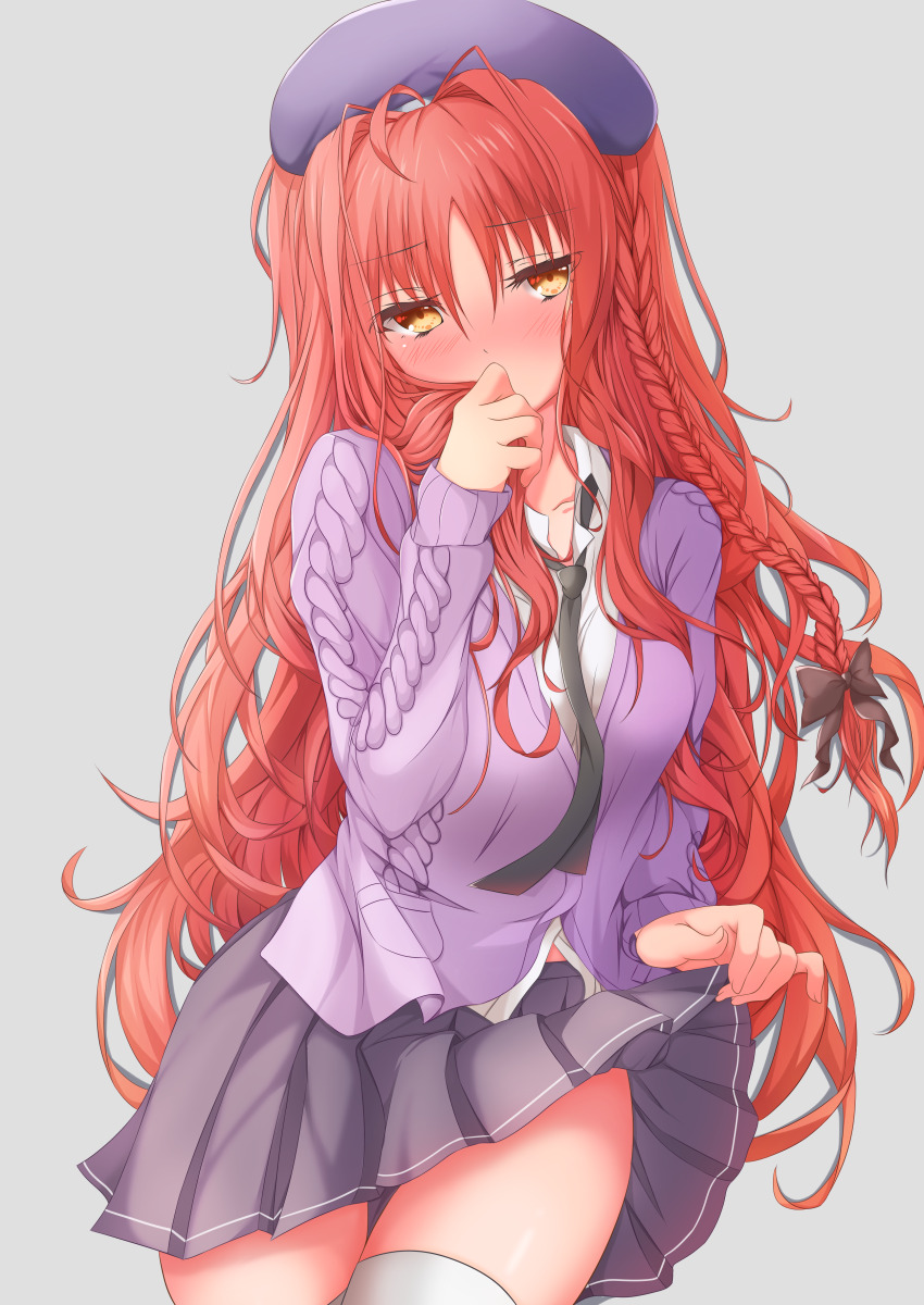 1girl, absurdres, ahoge, beret, black_bow, black_necktie, black_skirt, blush