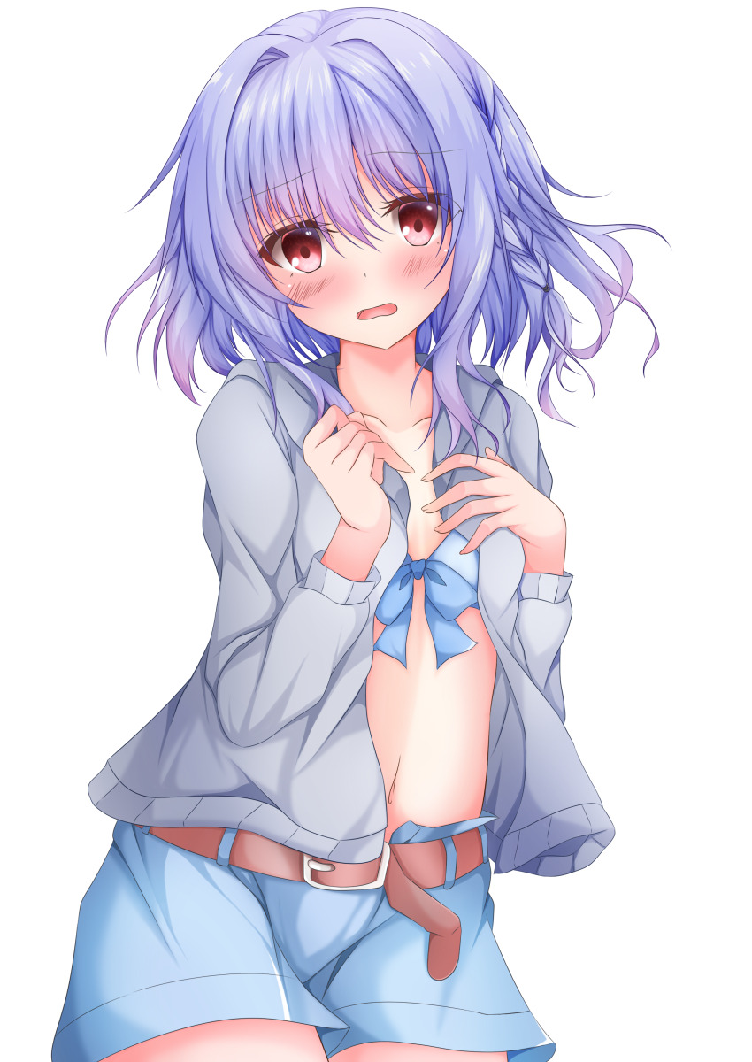 1boy, absurdres, asuka_minato, belt, bikini, blue_bikini, blue_hair, blue_shorts