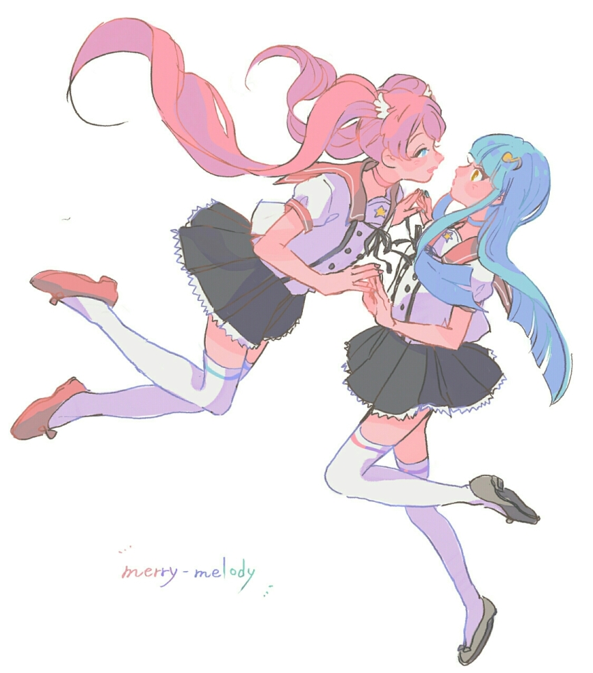 2girls, blue_eyes, blue_hair, blue_nails, blush, ensemble_girls!, facing_another, full_body