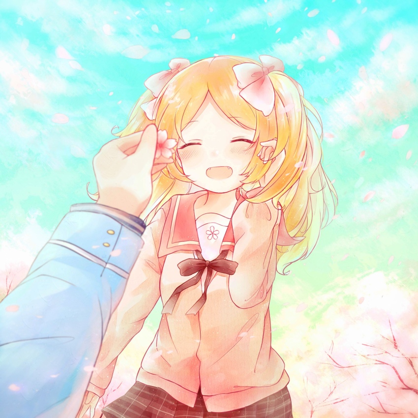 1boy, 1girl, absurdres, blue_sky, brother_and_sister, cherry_blossoms, closed_eyes, cloud