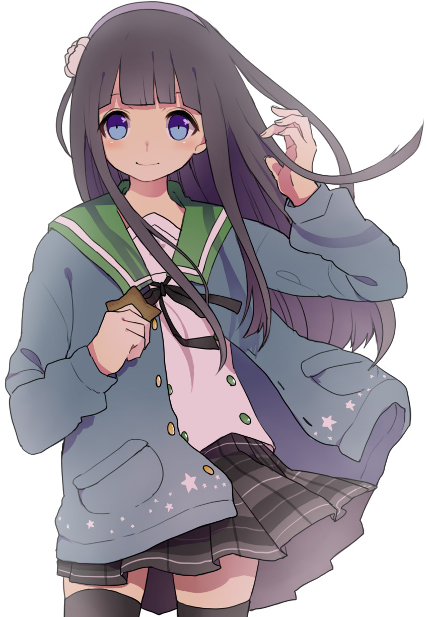 1girl, amamiya_ruri, black_hair, black_thighhighs, blue_eyes, blush, closed_mouth, ensemble_girls!