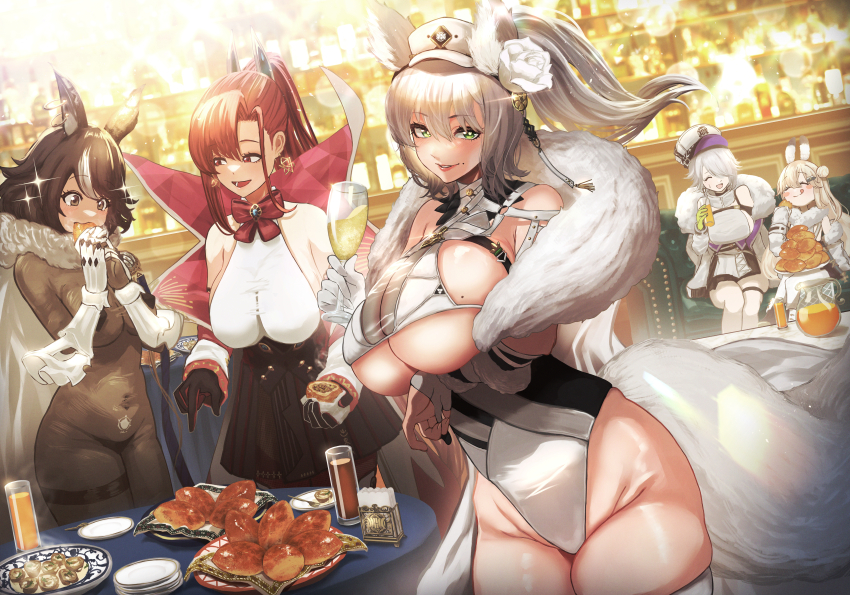 5girls, absurdres, aiken_(echocalypse), animal_ears, arm_under_breasts, bikini, bikini_top_only, black_bodysuit