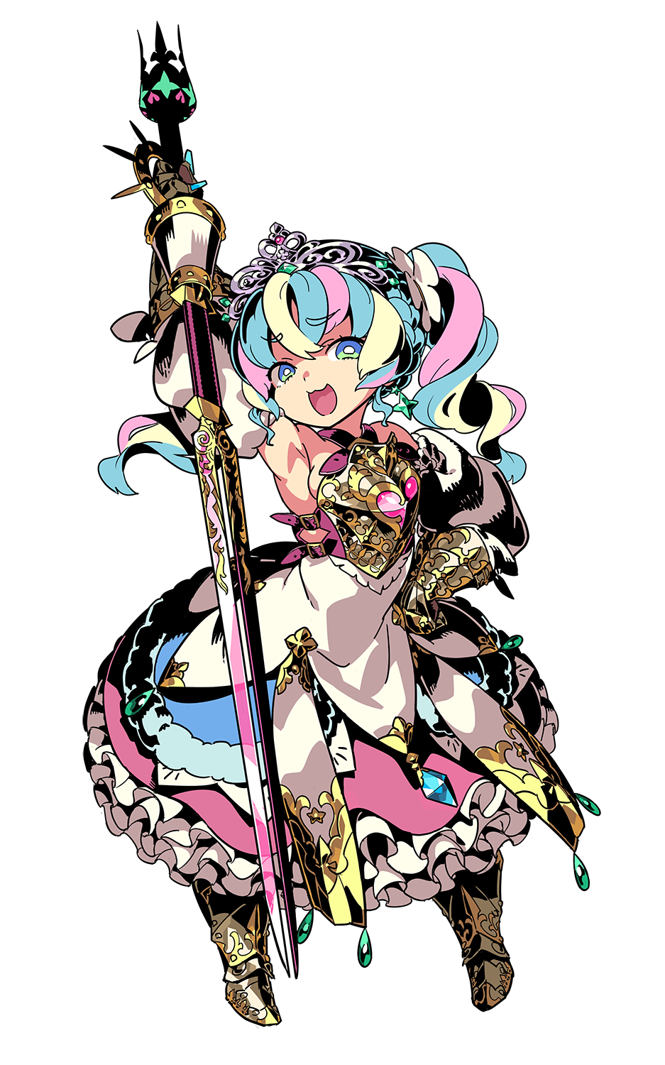 1girl, :3, arm_up, armor, armored_dress, armpits, bare_shoulders, blonde_hair, blue_eyes, blue_hair, breasts, crown, detached_sleeves, dress, drill_hair, etrian_odyssey, frilled_dress, frills, full_body, gauntlets, gold_trim, greaves, highres, himukai_yuuji, holding, holding_sword, holding_weapon, looking_at_viewer, multicolored_dress, multicolored_hair, official_art, open_mouth, pink_hair, princess_(sekaiju), princess_5_(sekaiju), second-party_source, sekaiju_no_meikyuu, sekaiju_no_meikyuu_3, sekaiju_no_meikyuu_hd, sleeveless, sleeveless_dress, small_breasts, smile, smug, solo, sovereign_(sekaiju), sovereign_5_(sekaiju), sword, twin_drills, twintails, weapon