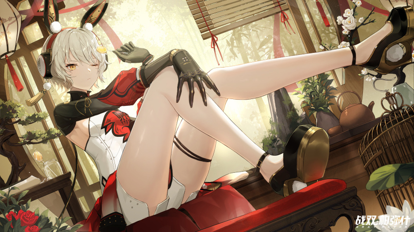 animal_ears, birdcage, bonsai, cage, chair, china_dress, chinese_clothes, dress, flower, high_heels, highres, karenina:_scire_(march_hare)_(pgr), karenina_(pgr), mechabare, official_art, plant, potted_plant, punishing:_gray_raven, rabbit_ears, sitting, teapot, white_hair, window, window_blinds, yellow_eyes, zhang_shuang_pa_mi_shi